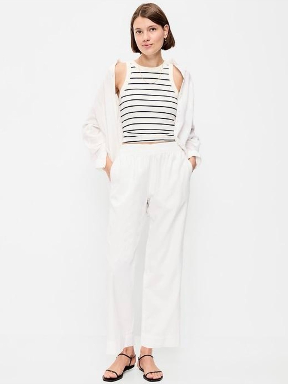 Old Navy High-Waisted Linen-Blend Straight Ankle Pants in White, size Large P